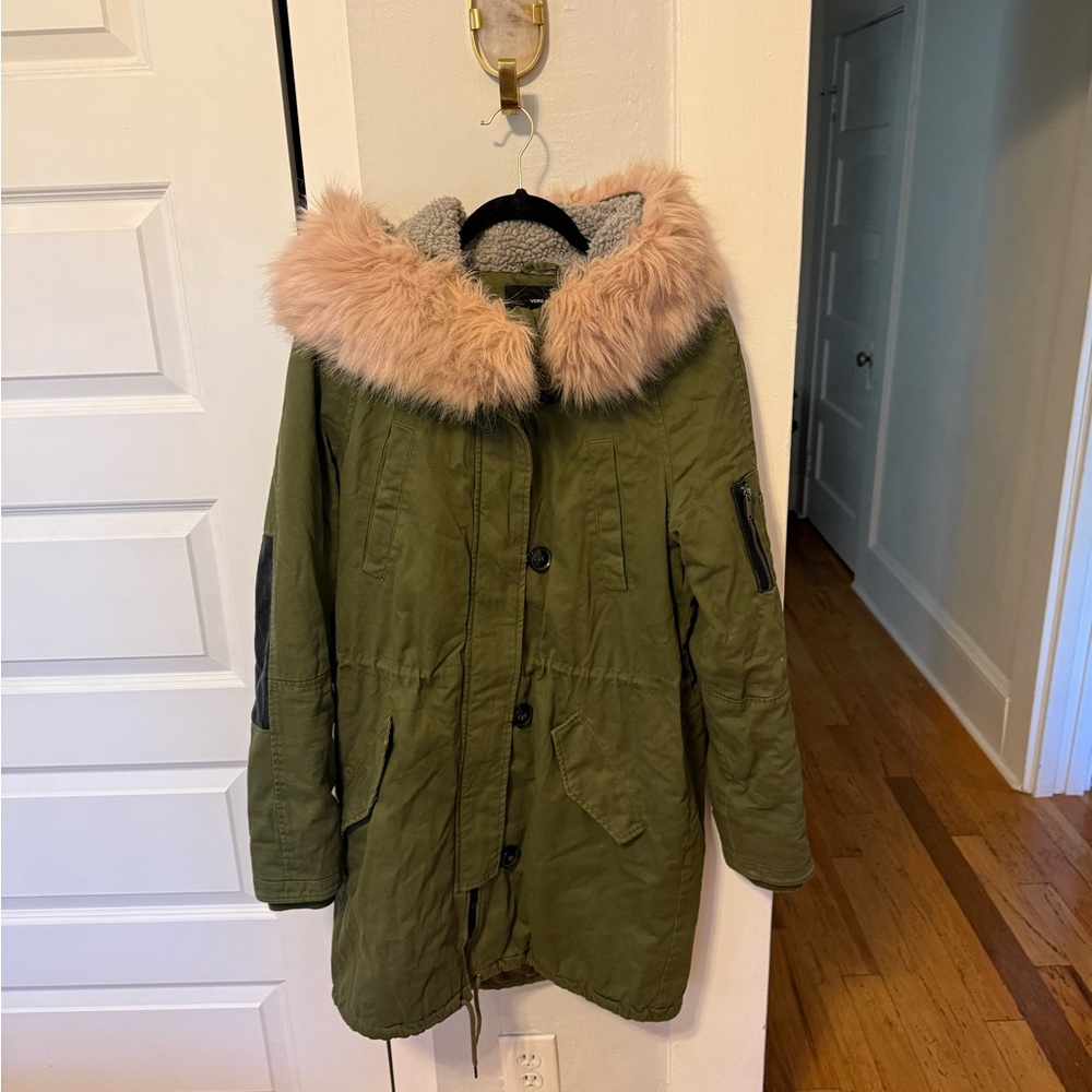 Vero Moda Khaki Jacket with Pink Faux Fur Trim